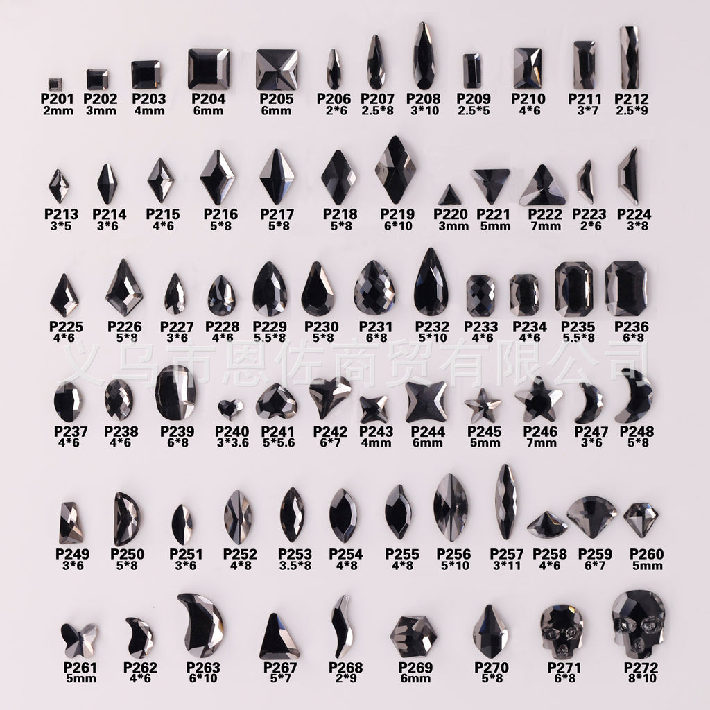 Factory Direct Cross-Border Luxury Sparkling Clear Black Gray Gold Base Flatback Shaped Glass Crystal Nail Art Rhinestones