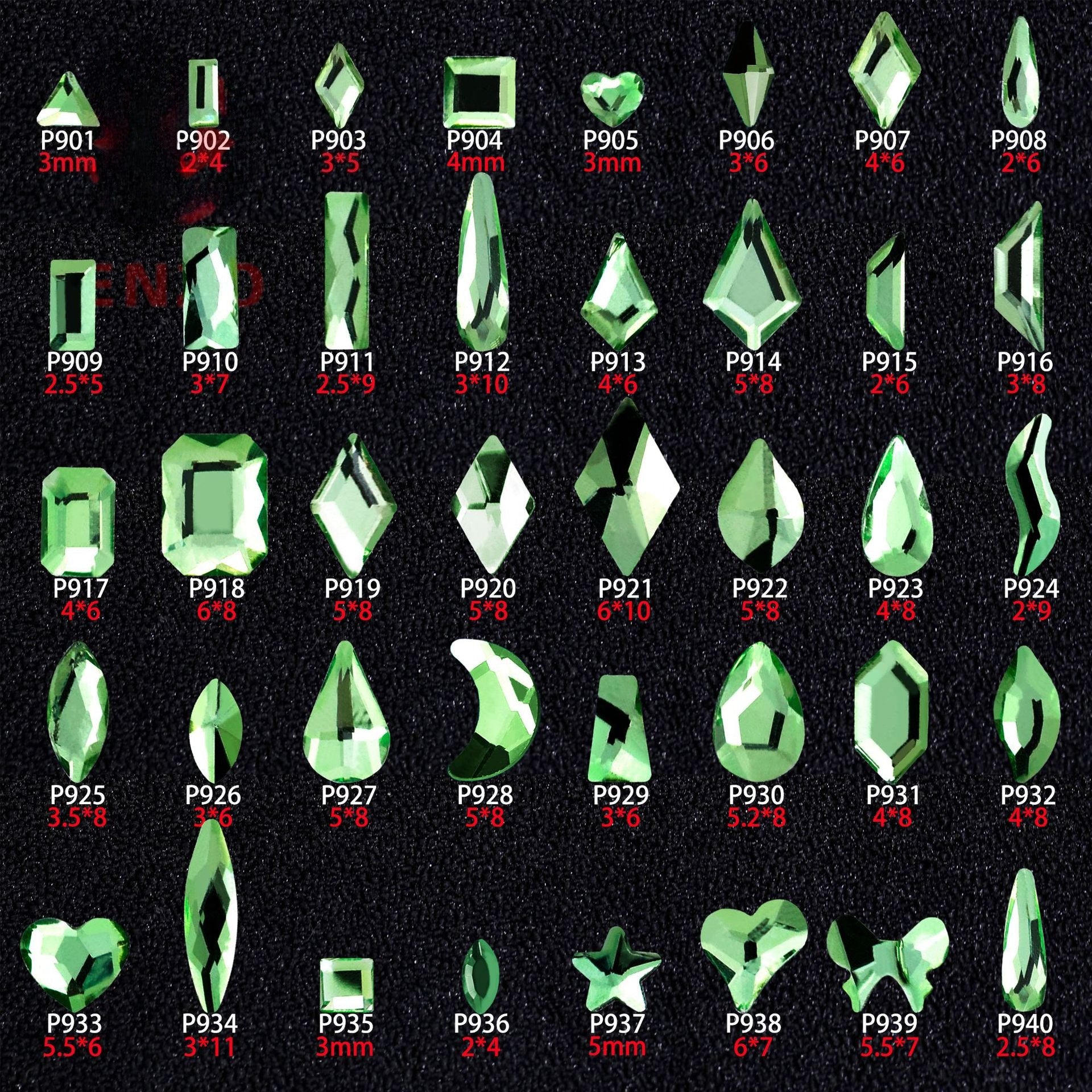 Nail art featuring a mix of unique shapes, flat-bottomed glass rhinestones, ultra-sparkling light green gel nail art, trendy and Instagram-worthy.