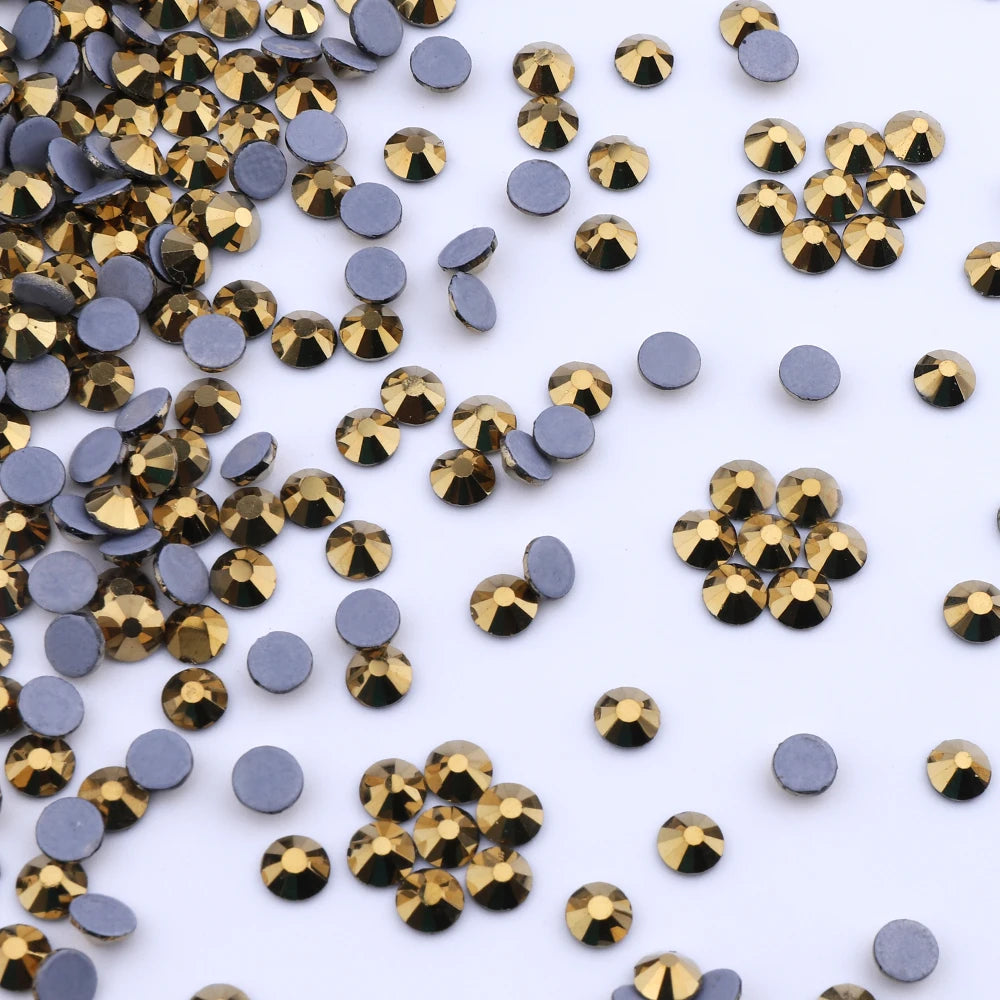 Wholesale Hot Fix Aurum Glass Rhinestone High Quality FlatBack Rhinestones SS6-SS30 for Garments and Art Decoration