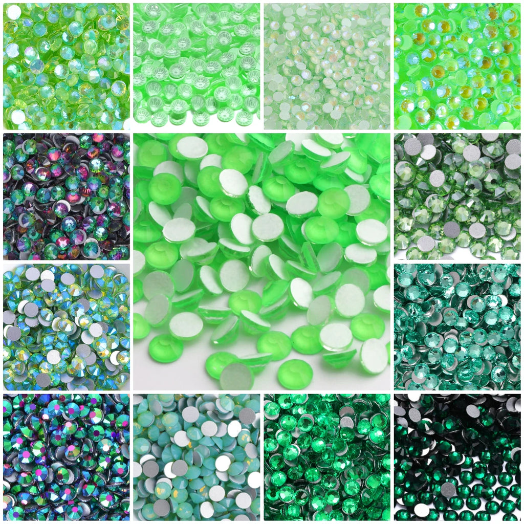 2024 New Design Wholesale Green Colors 30 Kinds Green Rhinestone Rhinestone Non Hotfix Flat Back Crystal Glass  for GYM Clothing