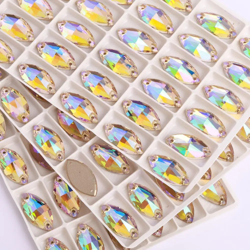 QIYI Factory Top Quality 5A Glass Crystal AB Navette Sew-on Stone Flat Back Coloful Sew on Rhinestones Buttons for Bouquet