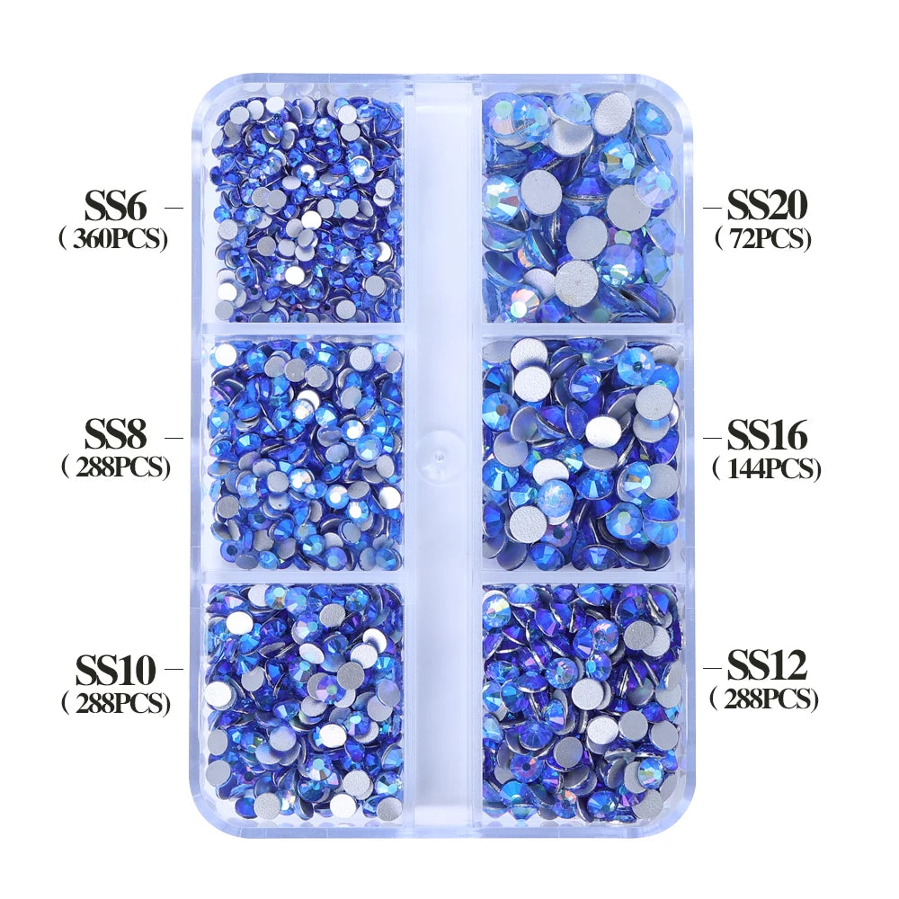Wholesale 6 Grid Non Hotfix Crystal AB Rhinestone Flatback Glass Rhinestone Mixed Size for Nail Art Decoration
