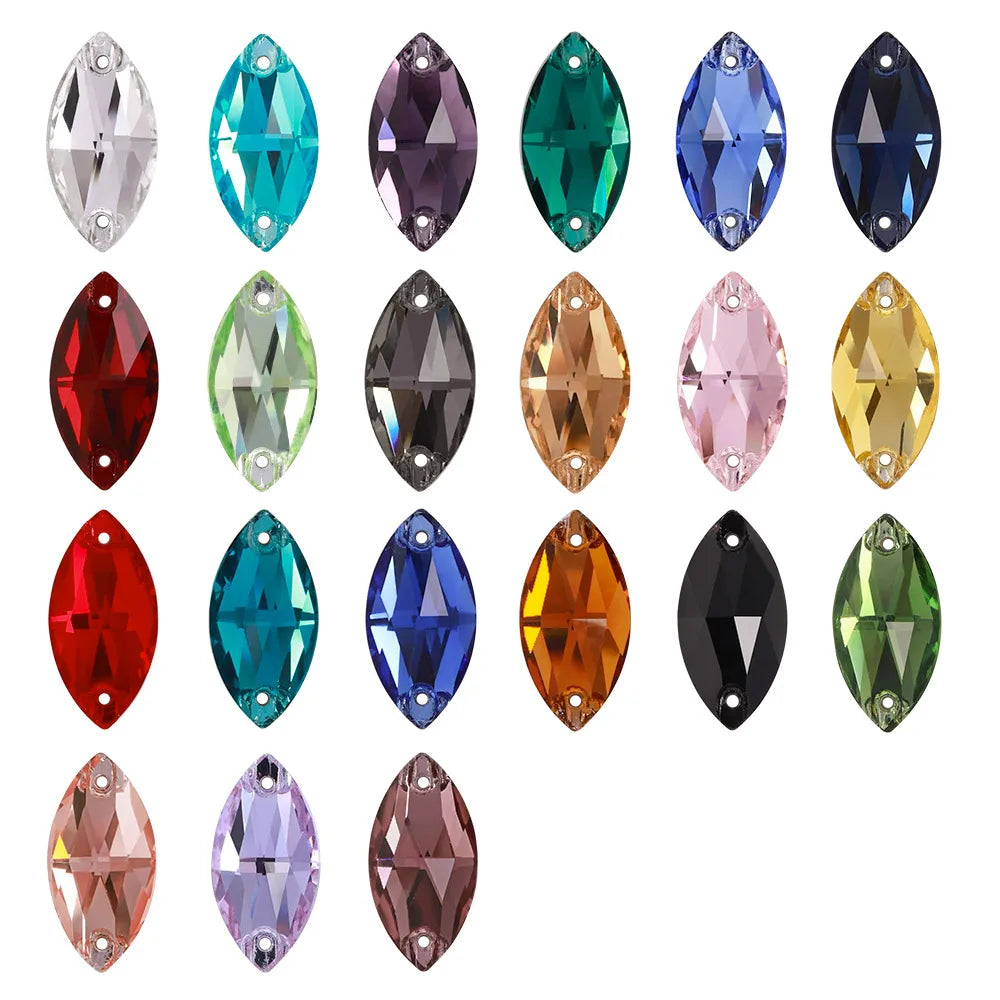 QIYI Factory Top Quality 5A Glass Crystal AB Navette Sew-on Stone Flat Back Coloful Sew on Rhinestones Buttons for Bouquet