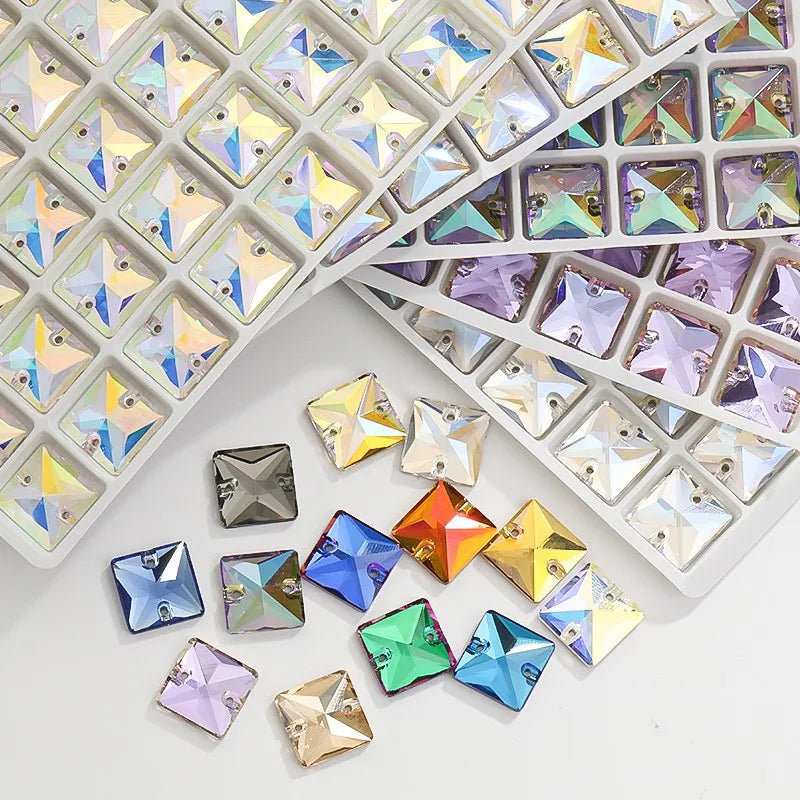 Wholesale Custom Square Sew-on Loose Rhinestones 5A Quality Crystal FlatBack 2 Holes 12 Facets Sewing Bling Decoration