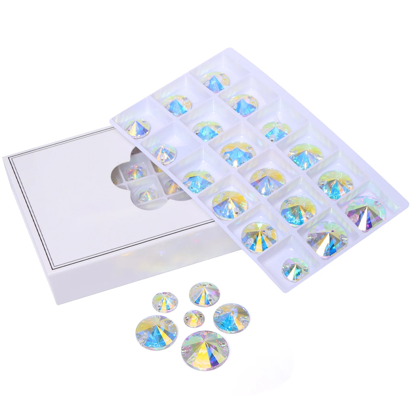 2025 Eco-Friendly  Mixsize Rivoli Shape K9 Glass Crystal Rhinestones with Two Holes for Garment Accessories