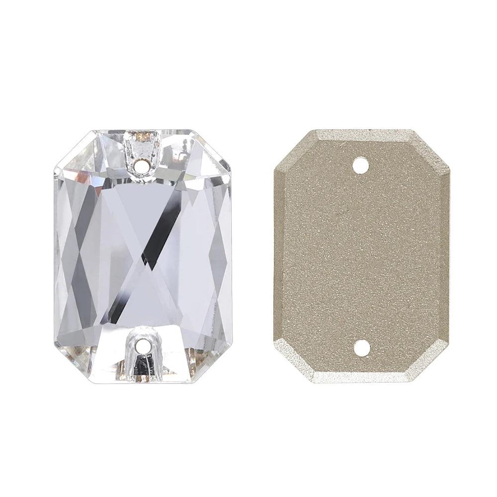 Emerald Cut High Quality Latest Fashion Clear Glass Flat Back Sew-On Rhinestones 12 Facets Multi-Use DIY Wedding Dress Two Holes