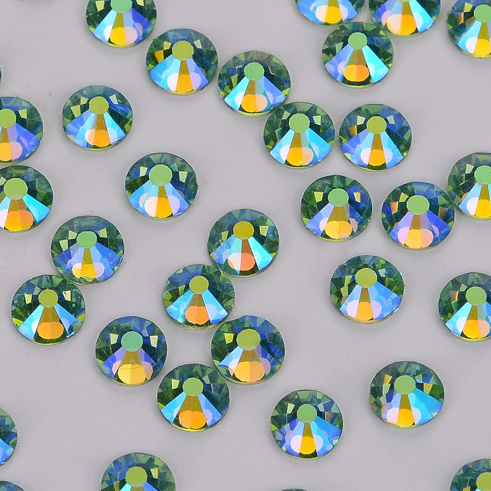 Glitter SS16 SS20 SS30 Peridot AB Flatback Glass Round Crystal Applique Non Hotfix Strass Rhinestones for Nail Art Decoration