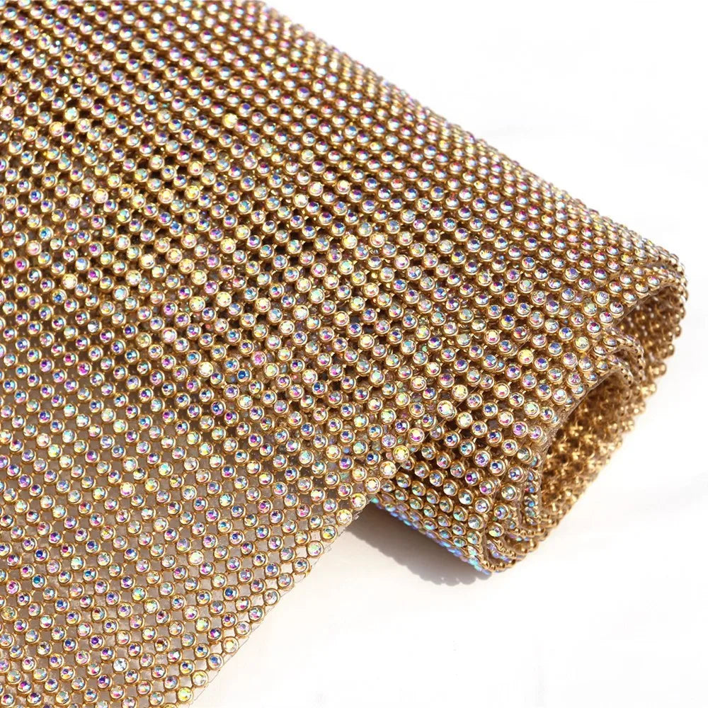 Wholesale 45*120cm Gold Mesh Rhinestones Sheet Aluminum Crystal AB Rhinestone  Fabric for Dress Garment