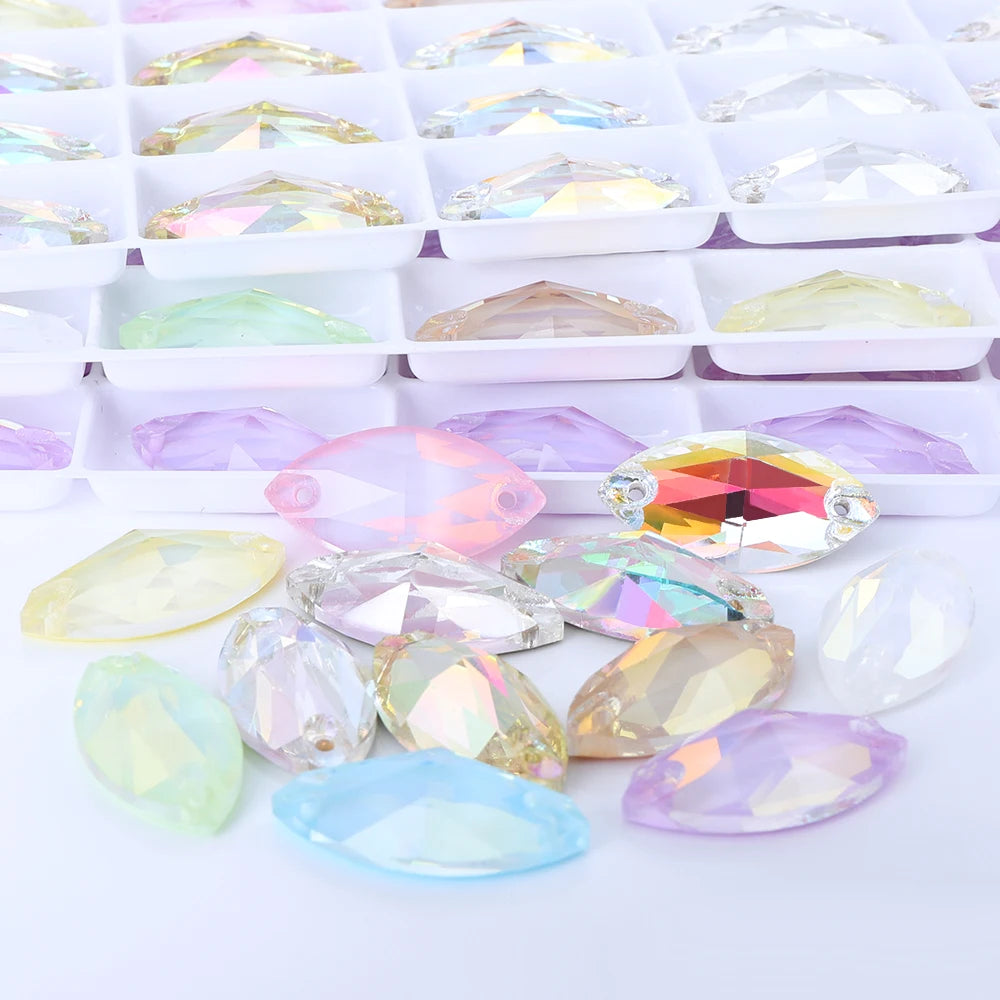 QIYI Factory Top Quality 5A Glass Crystal AB Navette Sew-on Stone Flat Back Coloful Sew on Rhinestones Buttons for Bouquet