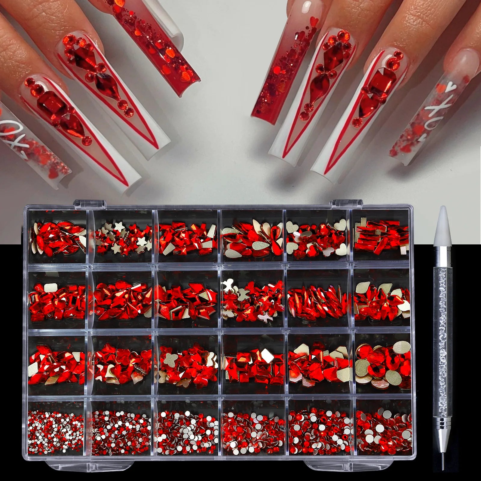 Song Shuo Hot Sales Mix Size Nails Art Crystal Cristal Decoration Red Flat Back Rhinestone Set Kits Stone for Nail