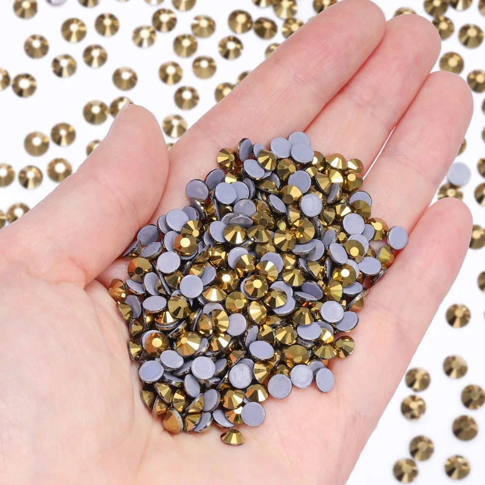 Wholesale Hot Fix Aurum Glass Rhinestone High Quality FlatBack Rhinestones SS6-SS30 for Garments and Art Decoration