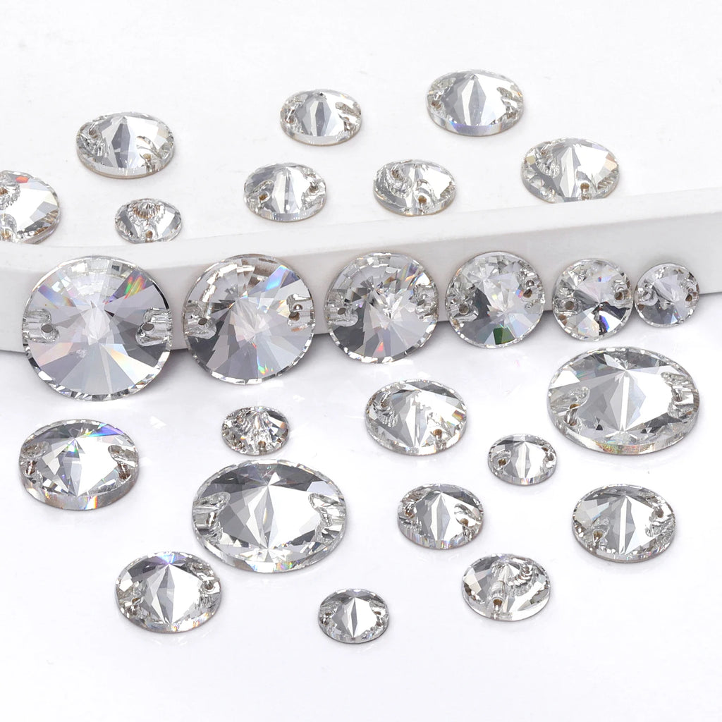 2025 Eco-Friendly  Mixsize Rivoli Shape K9 Glass Crystal Rhinestones with Two Holes for Garment Accessories