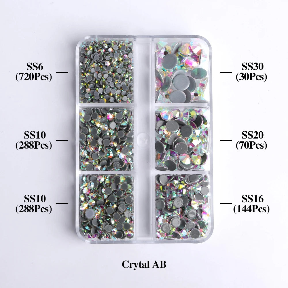 Factory Wholesale Hotfix Flatback Rhinestones Set Diamond 6 Grid Mix Sizes Glass Rhinestone Crystal Gems Supplies Iron on Stones