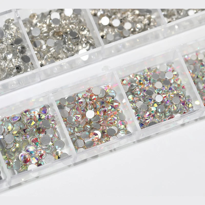 AB 3D Nail Art Rhinestones Wholesale Crystal Suit Rhinestone Bulk Flatback Non Hotfix 12 Grid Box Glass Silver 3 Box Round Shape