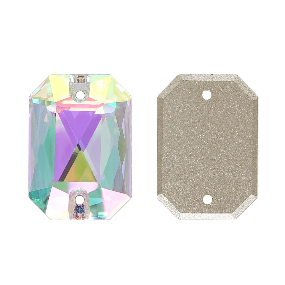 Emerald Cut High Quality Latest Fashion Clear Glass Flat Back Sew-On Rhinestones 12 Facets Multi-Use DIY Wedding Dress Two Holes