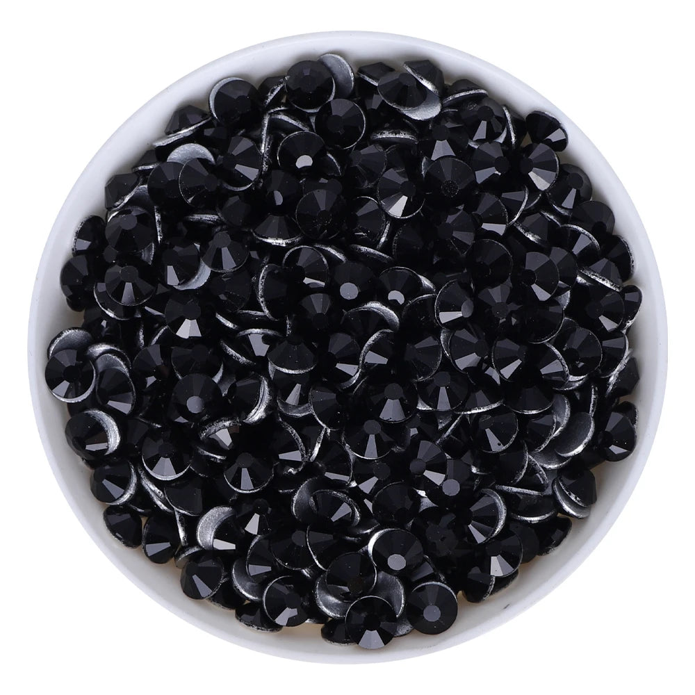 Jet Black Nail Art High Quality Glass Stones Flat Back Regular Cut 12 Facets Round Shape Crystal Rhinestones for Crafts