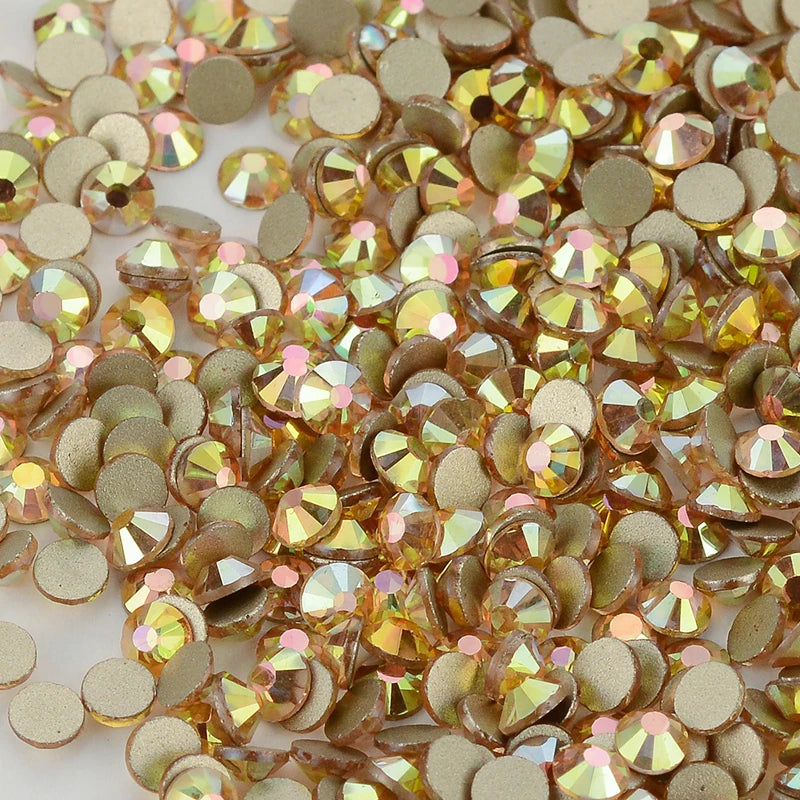 QY Golden Back Glass Rhinestones Non Hot-Fix Round Glitter Crystal Flatback Rhinestone 3D Nail Art Decorations