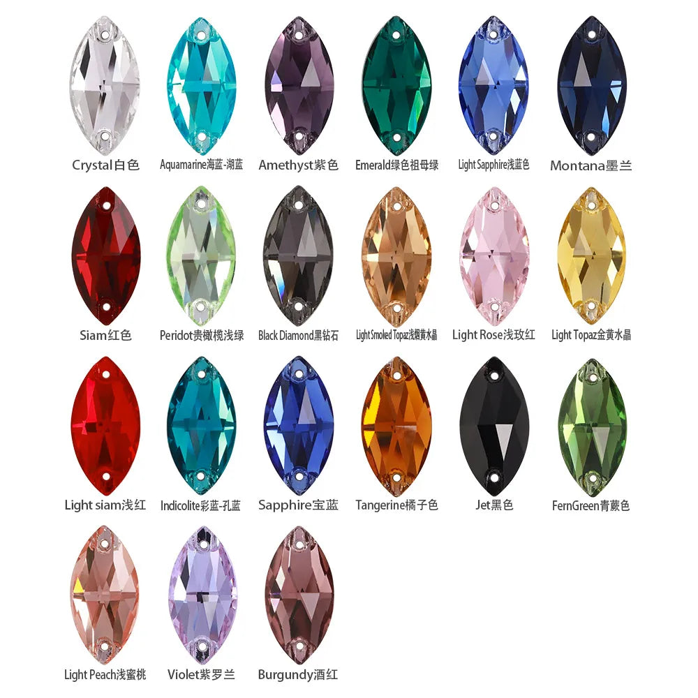 Wholesale Navette 55 Colors Shimmer Sew-on Rhinestones Horse Eye Glass Gems Clothing Flatback Sewing Stones for Jewelry Cloth