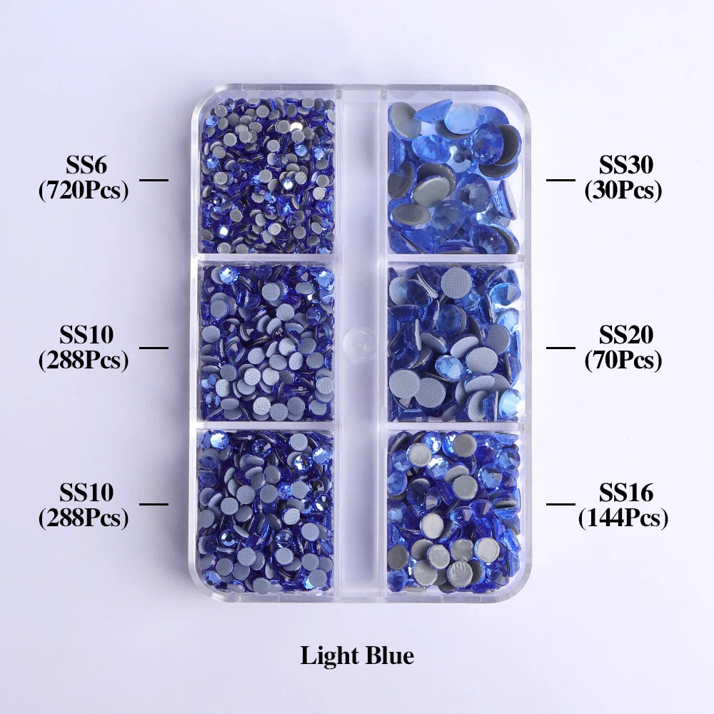 Factory Wholesale Hotfix Flatback Rhinestones Set Diamond 6 Grid Mix Sizes Glass Rhinestone Crystal Gems Supplies Iron on Stones