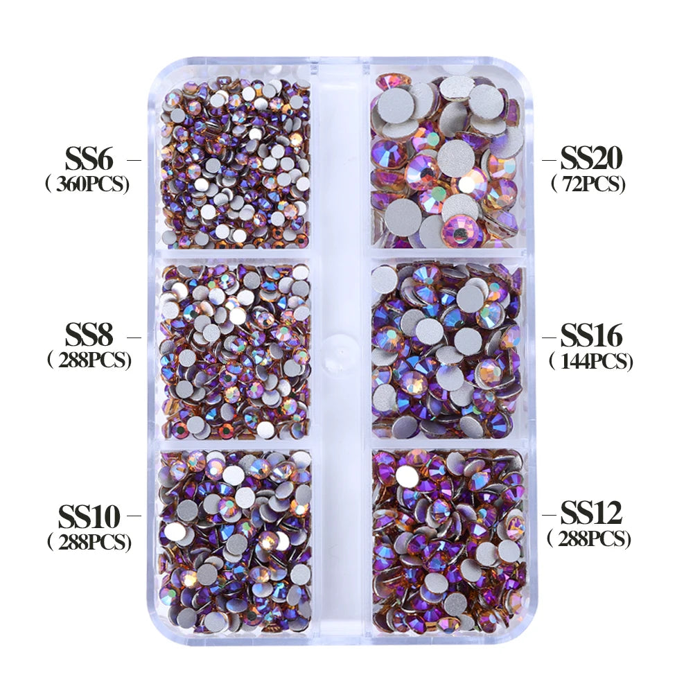 Wholesale 6 Grid Non Hotfix Crystal AB Rhinestone Flatback Glass Rhinestone Mixed Size for Nail Art Decoration