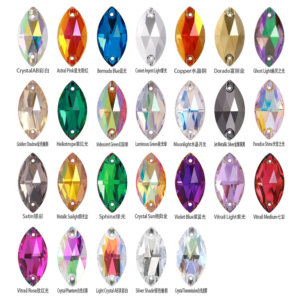 Wholesale Navette 55 Colors Shimmer Sew-on Rhinestones Horse Eye Glass Gems Clothing Flatback Sewing Stones for Jewelry Cloth