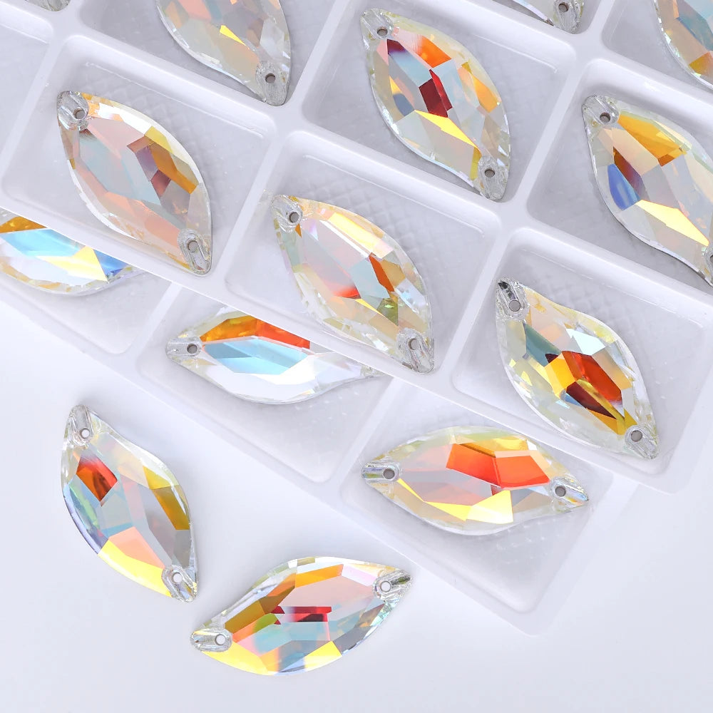 QIYI Innovative Design Diamond Leaf Shape High Quality Grade AAAAAA Clear Hard Pure Glass Loose Flat Back Sew-on Rhinestones 9