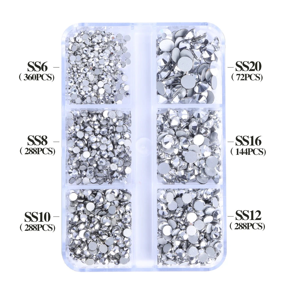 Wholesale 6 Grid Non Hotfix Crystal AB Rhinestone Flatback Glass Rhinestone Mixed Size for Nail Art Decoration