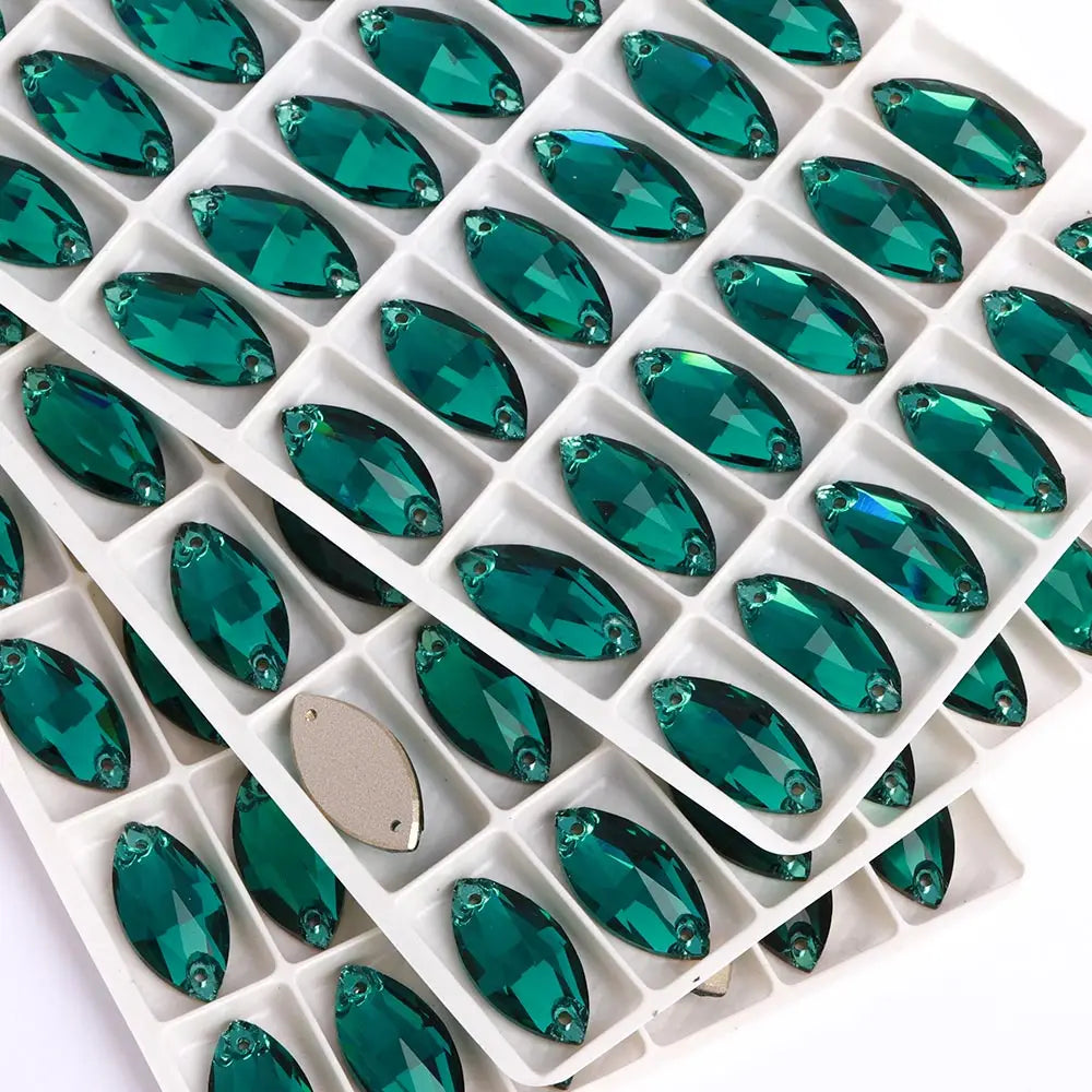 QIYI Factory Top Quality 5A Glass Crystal AB Navette Sew-on Stone Flat Back Coloful Sew on Rhinestones Buttons for Bouquet