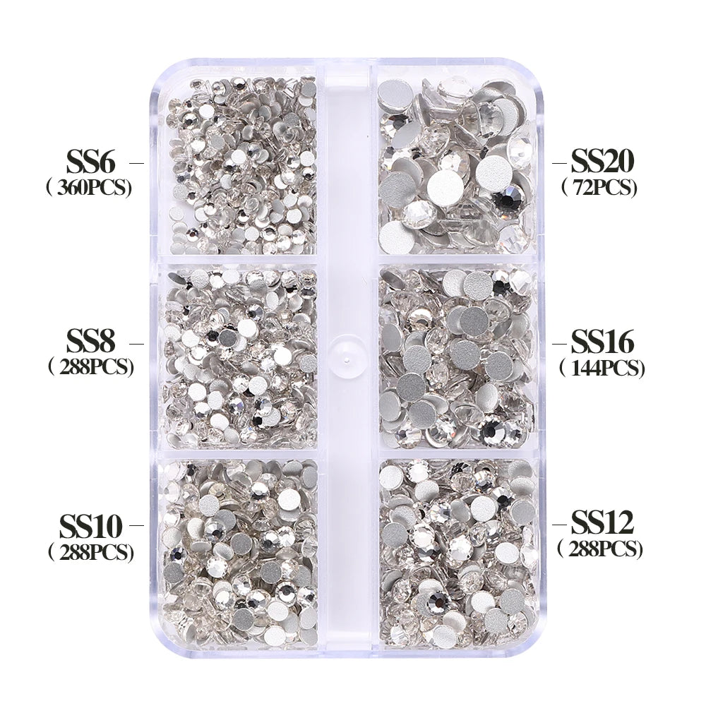 Wholesale 6 Grid Non Hotfix Crystal AB Rhinestone Flatback Glass Rhinestone Mixed Size for Nail Art Decoration