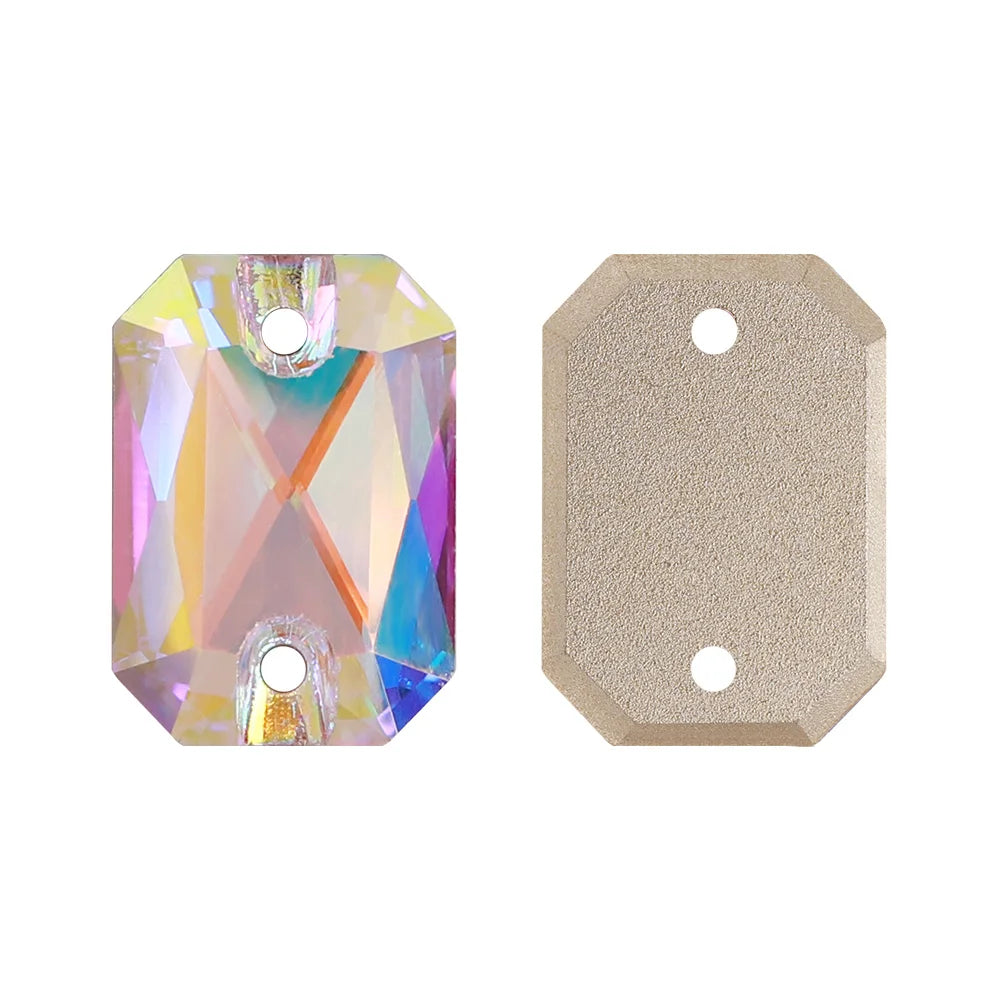Emerald Cut High Quality Latest Fashion Clear Glass Flat Back Sew-On Rhinestones 12 Facets Multi-Use DIY Wedding Dress Two Holes