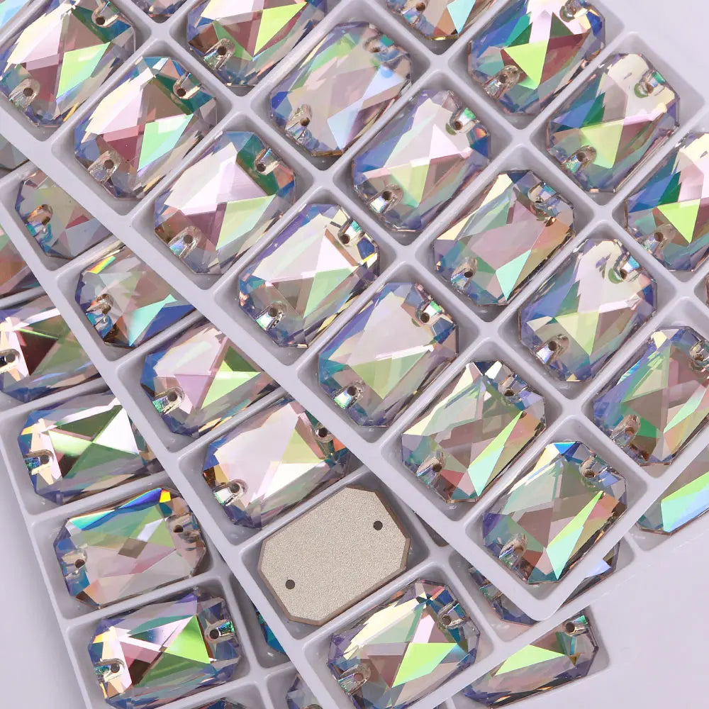 Emerald Cut High Quality Latest Fashion Clear Glass Flat Back Sew-On Rhinestones 12 Facets Multi-Use DIY Wedding Dress Two Holes