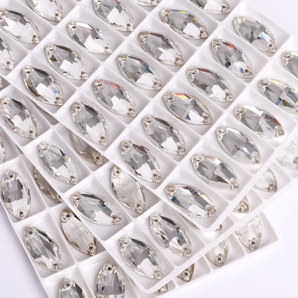 QIYI Factory Top Quality 5A Glass Crystal AB Navette Sew-on Stone Flat Back Coloful Sew on Rhinestones Buttons for Bouquet