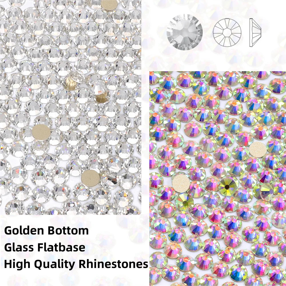 QY Golden Back Glass Rhinestones Non Hot-Fix Round Glitter Crystal Flatback Rhinestone 3D Nail Art Decorations