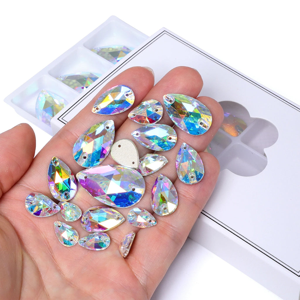 Factory Whosale Mixsize Drop Sew-on Rhinestones  Bulk Flatback Coloful Rhinestones Sewing Strass Bling for Jewelry Dress