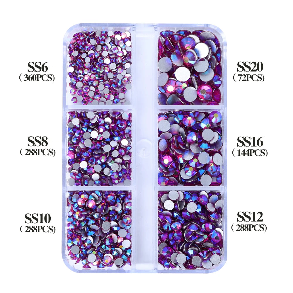 Wholesale 6 Grid Non Hotfix Crystal AB Rhinestone Flatback Glass Rhinestone Mixed Size for Nail Art Decoration