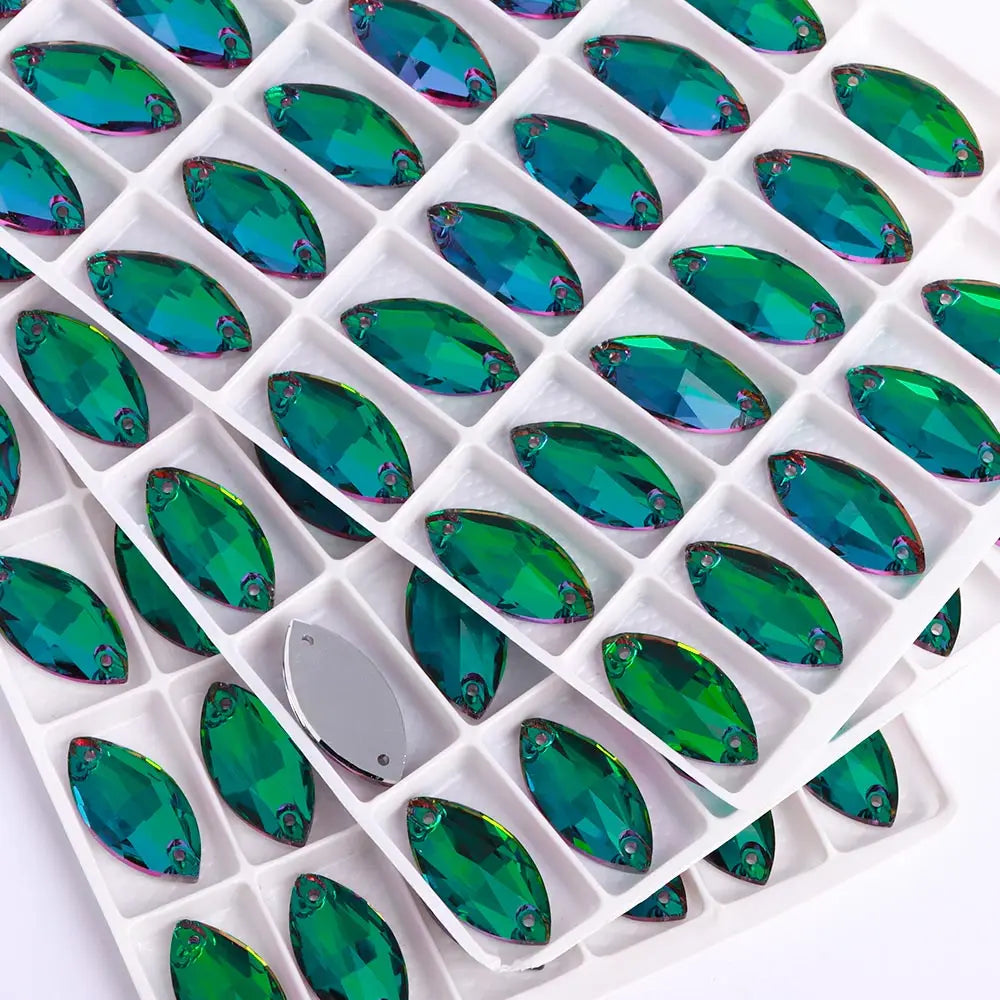 QIYI Factory Top Quality 5A Glass Crystal AB Navette Sew-on Stone Flat Back Coloful Sew on Rhinestones Buttons for Bouquet