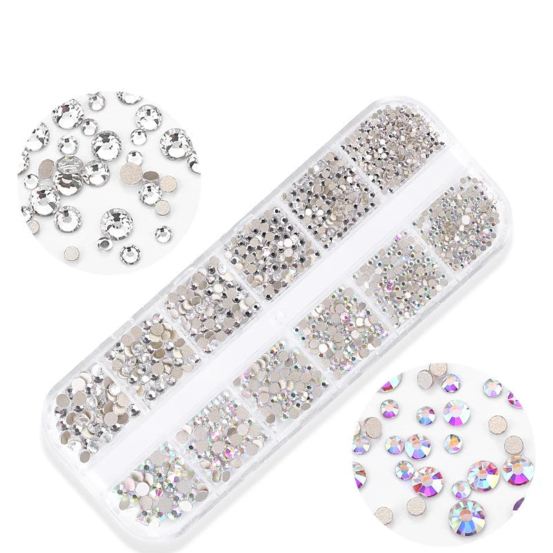 AB 3D Nail Art Rhinestones Wholesale Crystal Suit Rhinestone Bulk Flatback Non Hotfix 12 Grid Box Glass Silver 3 Box Round Shape
