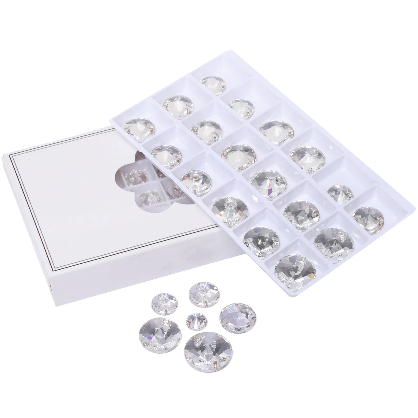 2025 Eco-Friendly  Mixsize Rivoli Shape K9 Glass Crystal Rhinestones with Two Holes for Garment Accessories