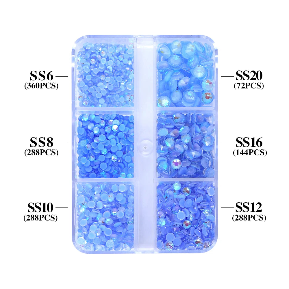 QIYI Nail Decoration Mocha Neon 1440pcs Multi Size 6 Grid Box Glass Nail Charms Rhinestones Wholesale Bulk Crystal Stone