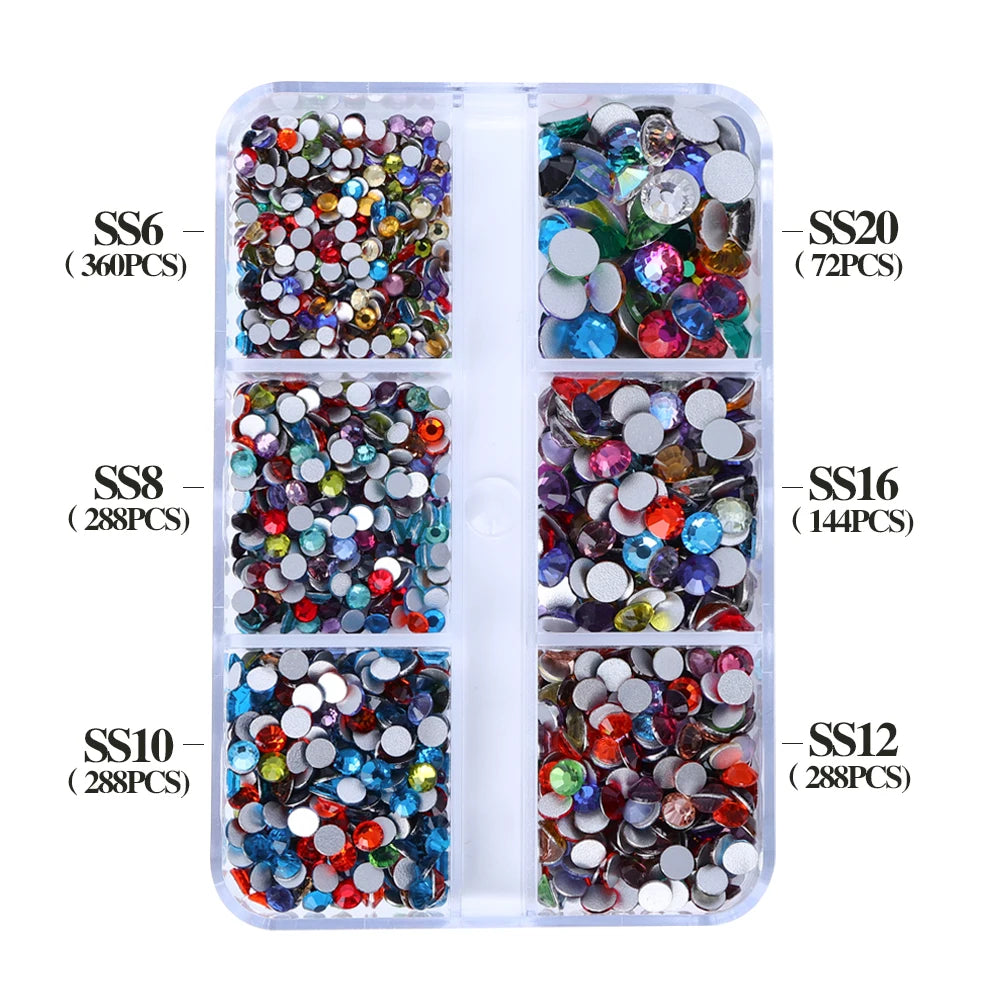 QIYI Wholesale 6 Grid Box 3D Glass Nail Art Boxes Non-Hotfix Rhinestones Flatback Nail Diamond for Shoes Christmas Decorations