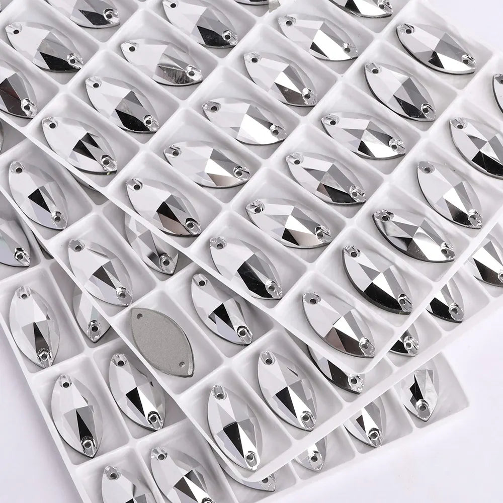QIYI Factory Top Quality 5A Glass Crystal AB Navette Sew-on Stone Flat Back Coloful Sew on Rhinestones Buttons for Bouquet