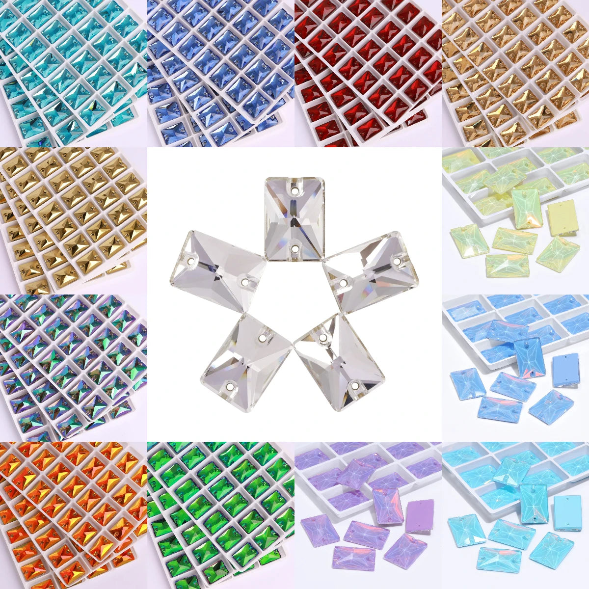 QIYI Multi Colors and Size Rectangle Sew-on Stone for Choice Clear Glass Flat Back Top Quality Sew on Rhinestones (3250)