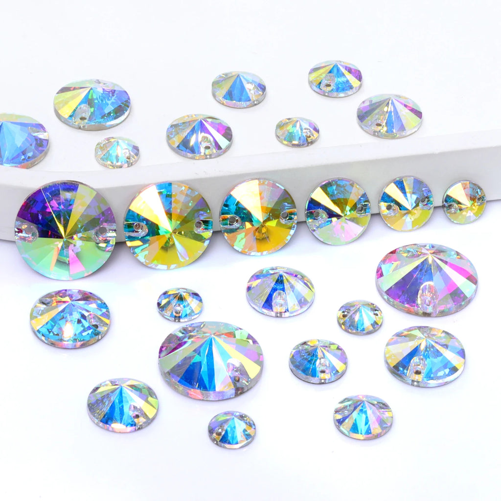 2025 Eco-Friendly  Mixsize Rivoli Shape K9 Glass Crystal Rhinestones with Two Holes for Garment Accessories