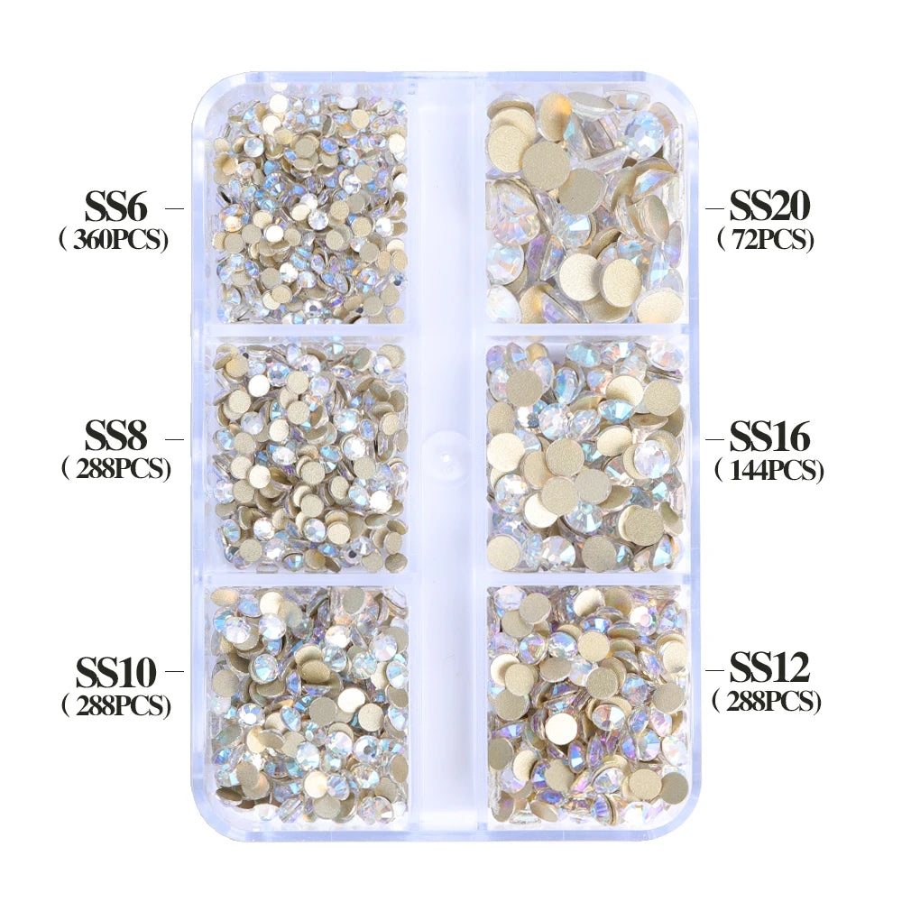 Wholesale 6 Grid Non Hotfix Crystal AB Rhinestone Flatback Glass Rhinestone Mixed Size for Nail Art Decoration
