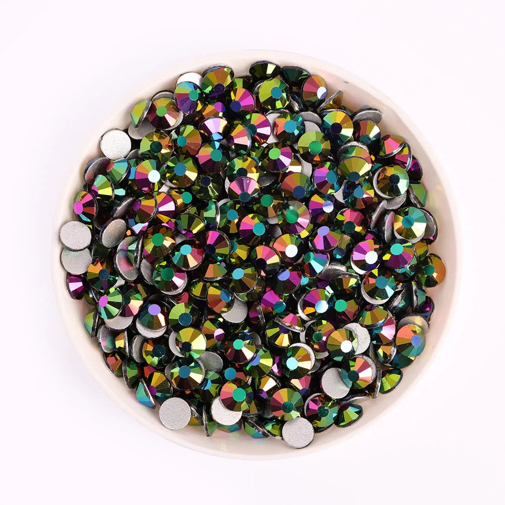 Factory Wholesale SS3 SS4 SS5 SS6 SS8 SS10 SS12 SS16 SS20 Green Magic Crystal Rhinestone Bulk Glass  for Jewelry