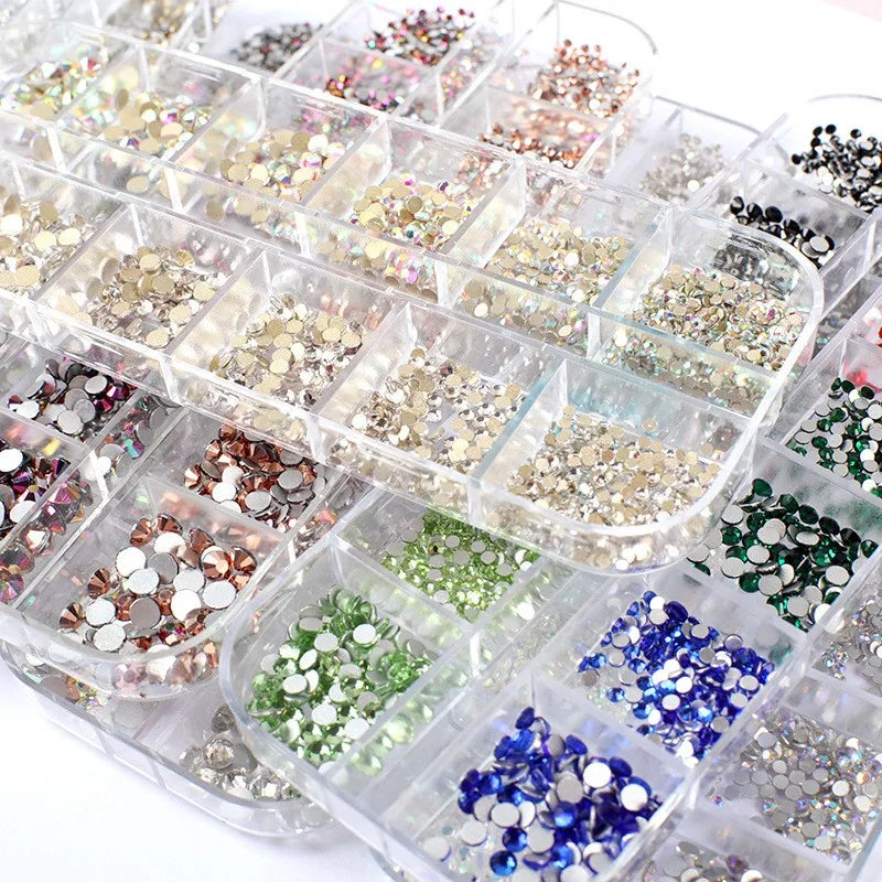 AB 3D Nail Art Rhinestones Wholesale Crystal Suit Rhinestone Bulk Flatback Non Hotfix 12 Grid Box Glass Silver 3 Box Round Shape