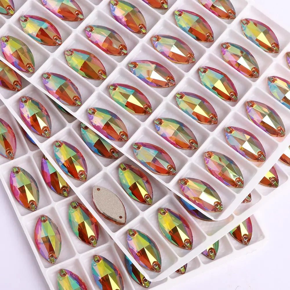 QIYI Factory Top Quality 5A Glass Crystal AB Navette Sew-on Stone Flat Back Coloful Sew on Rhinestones Buttons for Bouquet