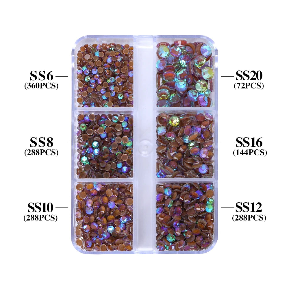 QIYI Nail Decoration Mocha Neon 1440pcs Multi Size 6 Grid Box Glass Nail Charms Rhinestones Wholesale Bulk Crystal Stone
