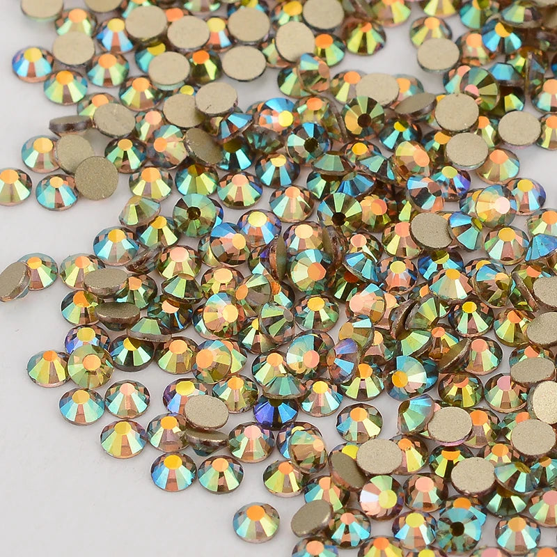 QY Golden Back Glass Rhinestones Non Hot-Fix Round Glitter Crystal Flatback Rhinestone 3D Nail Art Decorations