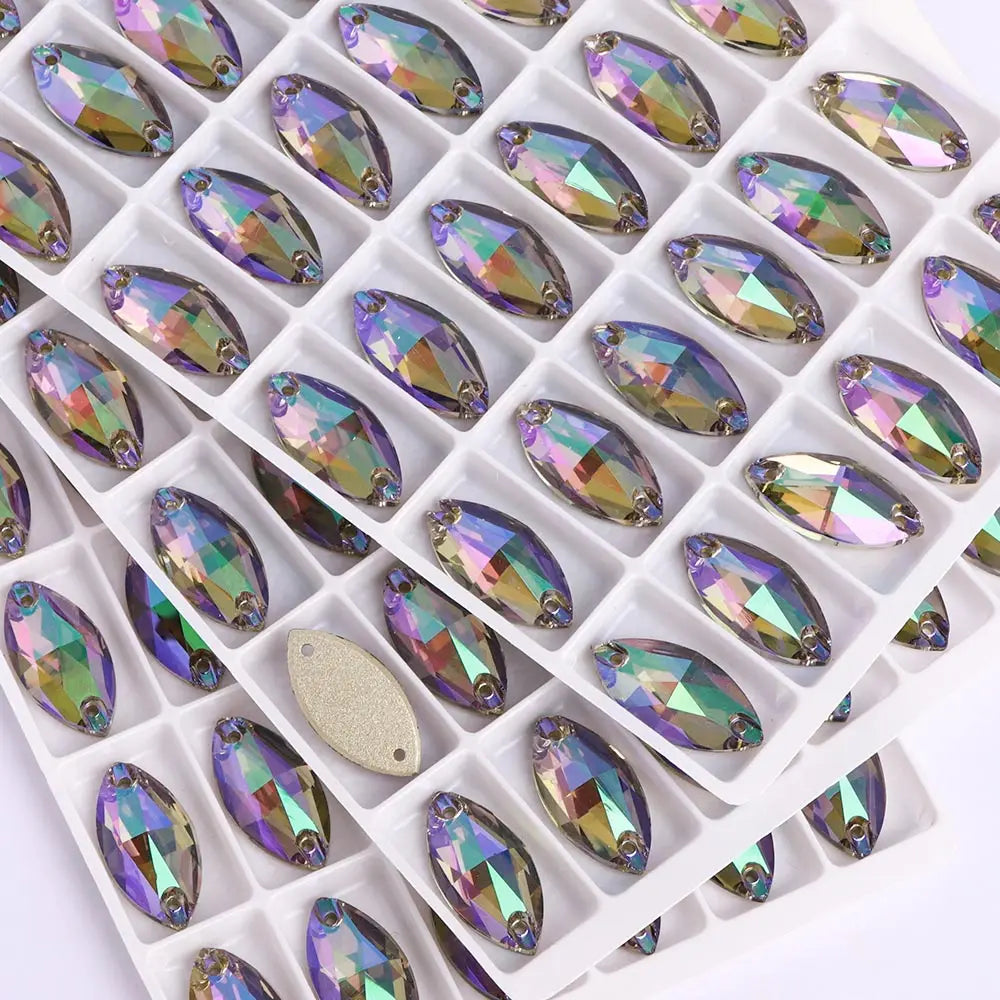 QIYI Factory Top Quality 5A Glass Crystal AB Navette Sew-on Stone Flat Back Coloful Sew on Rhinestones Buttons for Bouquet